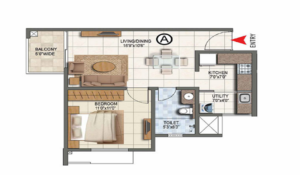 Featured Image of Prestige Raintree Park 1 BHK Apartment Floor Plan